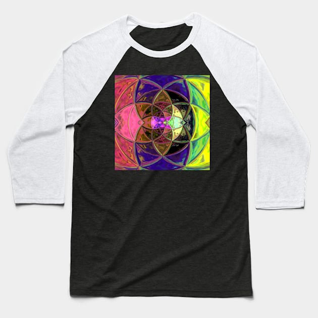 Mosaic Kaleidoscope Flower Pink Blue and Green Baseball T-Shirt by WormholeOrbital